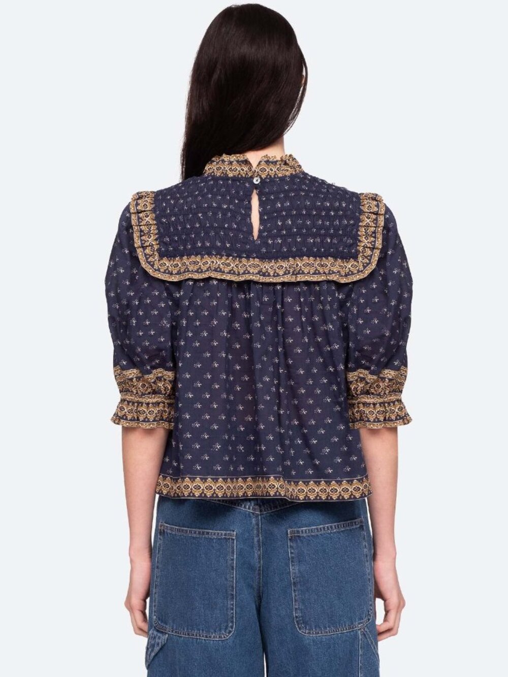 Sea New York Arlita Print Puff Sleeve Top in navy blue sz M - Picture 3 of 8